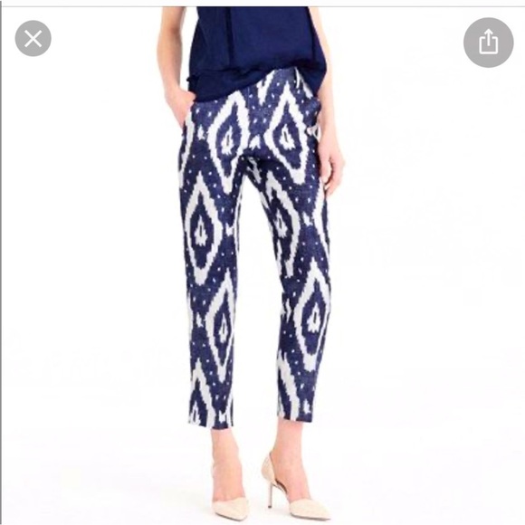 J Crew Collection | Silk Ikat Print Cigarette Pants | Navy & White | Women's 6 - Picture 1 of 15